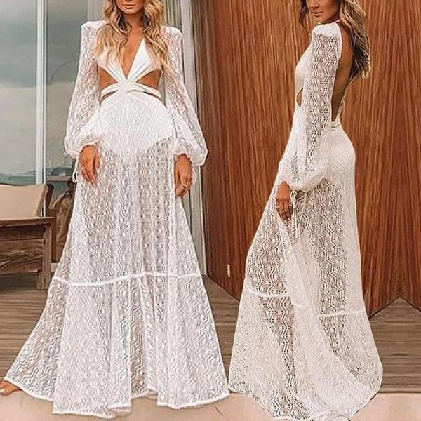 

casual dresses white patchwork dress women's fashion open back lantern long sleeve cut out lace ladies ankle-length vestidos, Black;gray