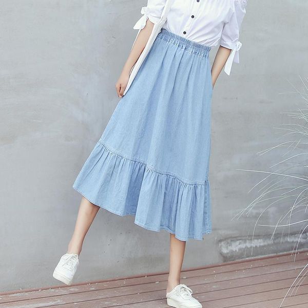 

skirts summer loose large size mid-length high waist a-line denim skirt ruffle fashion casual wild sweet elastic, Black