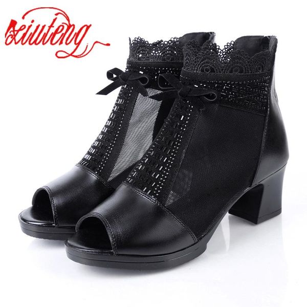 

boots xiuten summer mesh peep toe sandals heels single shoes women in europe and america 2021 spring gauze mujer, Black