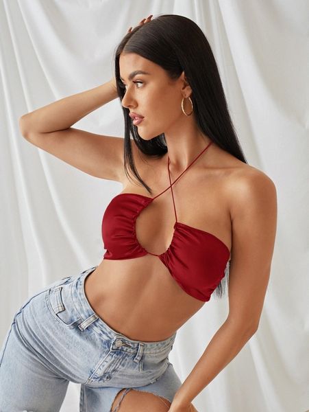 

drawstring backless crop halter u7e2#, White