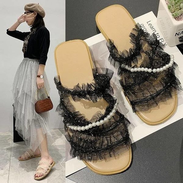 

sandals shoes women lace pearl women's fashion sandales femmes sandalias, Black