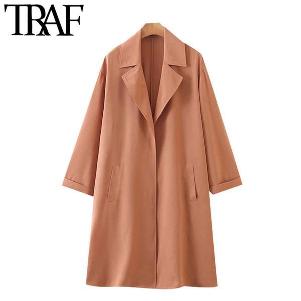 

traf women fashion office wear loose trench coat vintage long sleeve side pockets female outerwear chic 210415, Tan;black