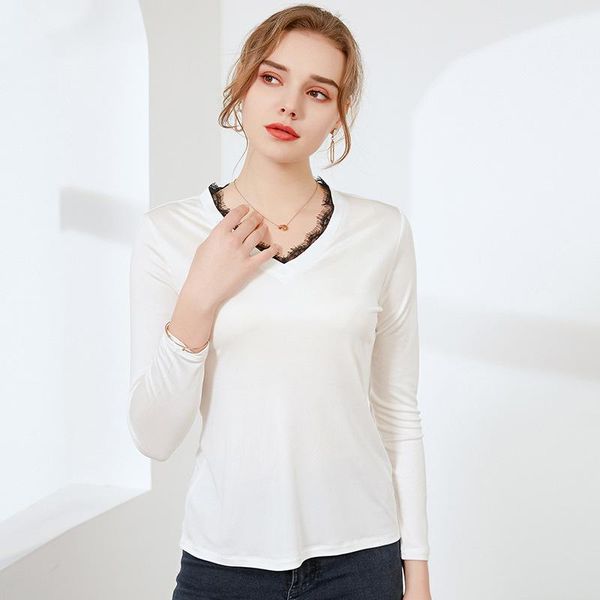 

women's t-shirt silk long sleeve bottomed shirt lace v-neck acetate knitted top, White
