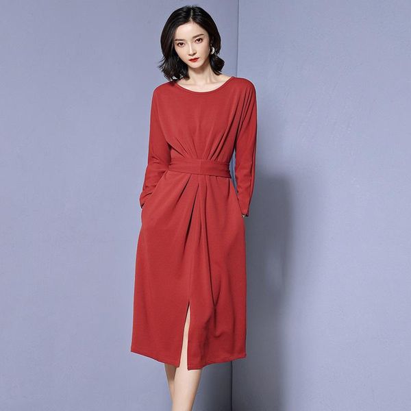 

casual dresses 2021 spring pattern europe station will code self-cultivation long fund temperament rendering waist knitting dress, Black;gray