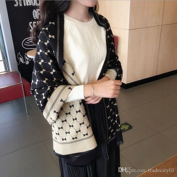 

2021 bowknot double-sided scarf women autumn and winter imitation cashmere shawl, Blue;gray