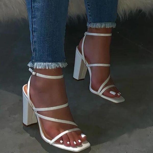 

sandals summer women square heel open toe buckle ankle ladies high heels solid color female thin band hheh, Black
