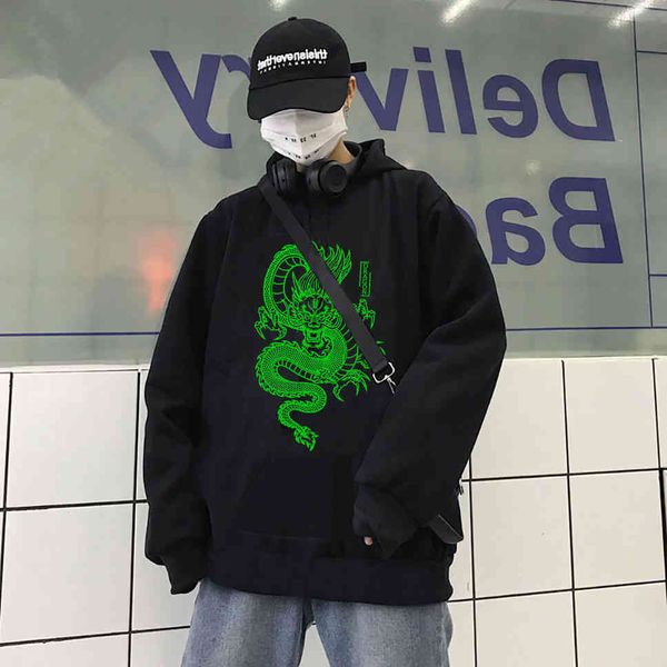 

men's hoodies & sweatshirts zsiibo chinese street style hooded dragon printing cotton hoodie women and men 's fashion high qualit, Black