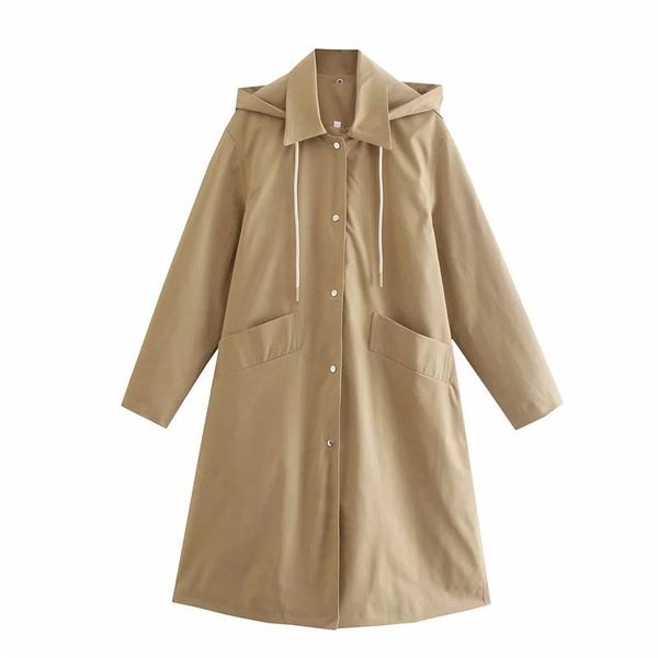 

women's trench coats women fashion double pockets spirng autumn khaki hooded long windbreaker chic girls casual drawstring hoodies, Tan;black