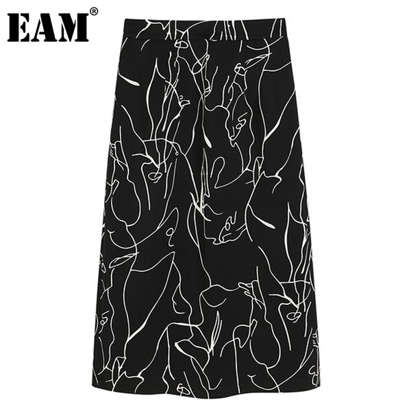 

[eam] black casual pattern printed slit high waist half-body mid-calf skirt women fashion fit spring summer 1dd7803 21512