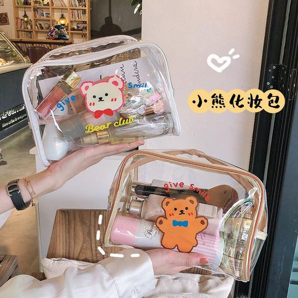 

ins hand-painted bear print transparent pvc cosmetic bags large-capacity portable travel storage toiletry bag makeup 2021 & cases