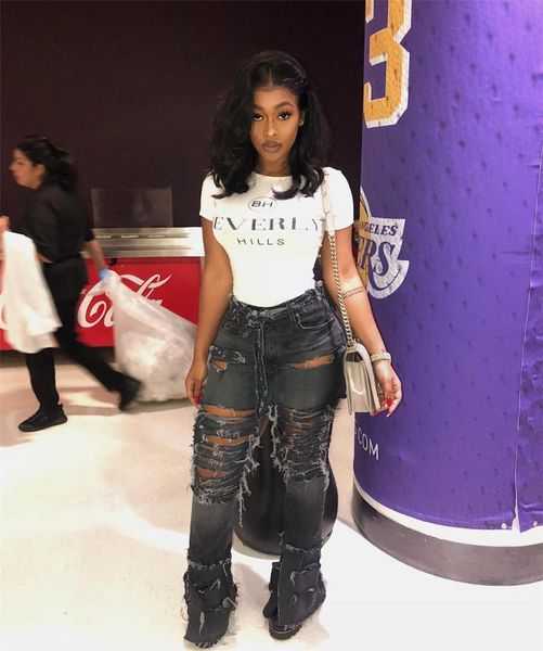 

plus size hole ripped flare jeans women streetwear high waist wide leg denim pants bell-bottoms trousers female women's & capris, Black;white