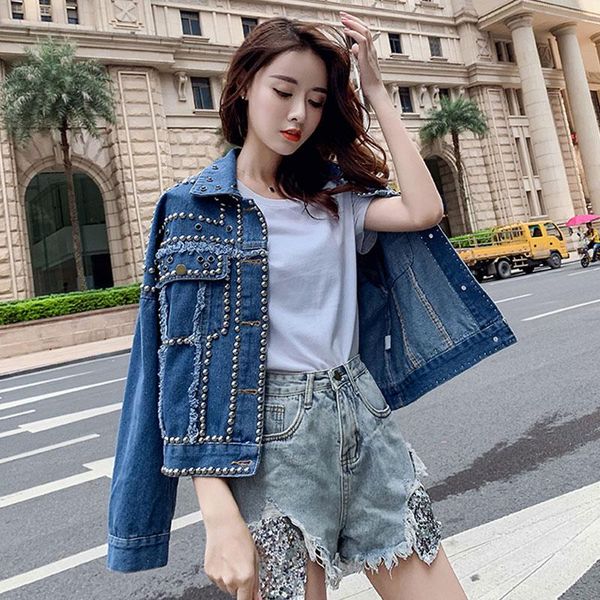

women's jackets women denim jacket female spring and autumn 2021 beaded bf wind loose ins tide beading outwear long sleeve top, Black;brown