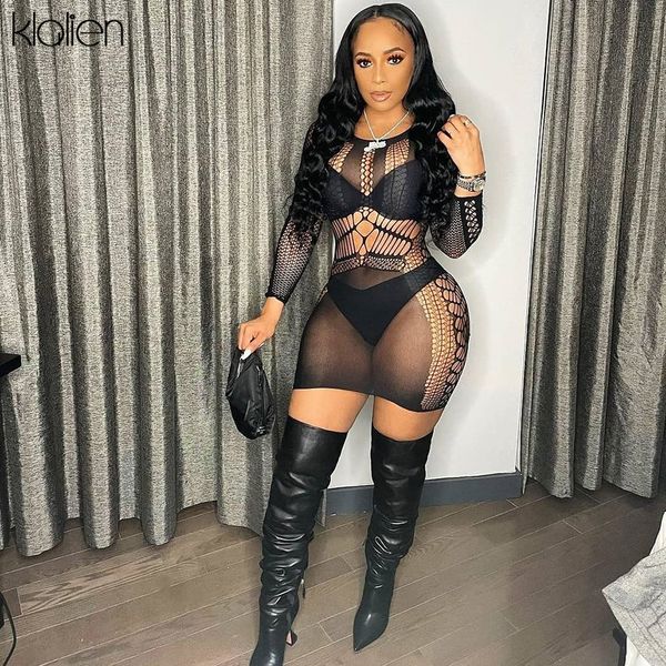 

fashion see through skin and black patchwork long sleeve o neck y2k dress for women 2021 new casual streetwear, Black;gray