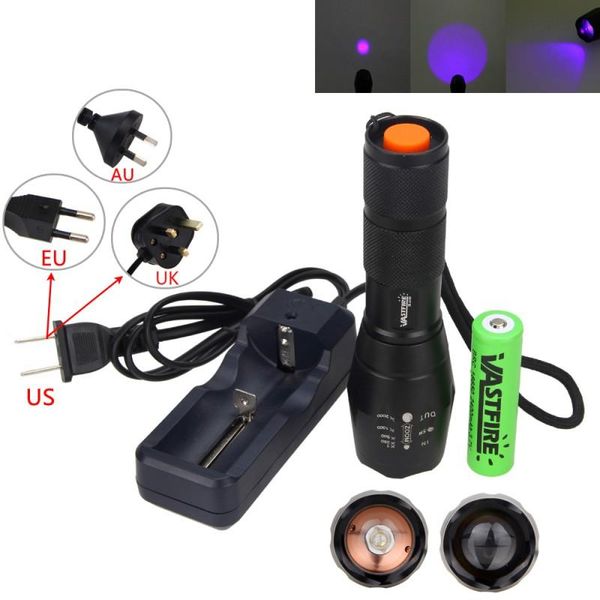 

powerful uv ultra led hunting light tactical violet purple blacklight 395nm waterproof torch inspection lamp+18650+charger flashlights torch