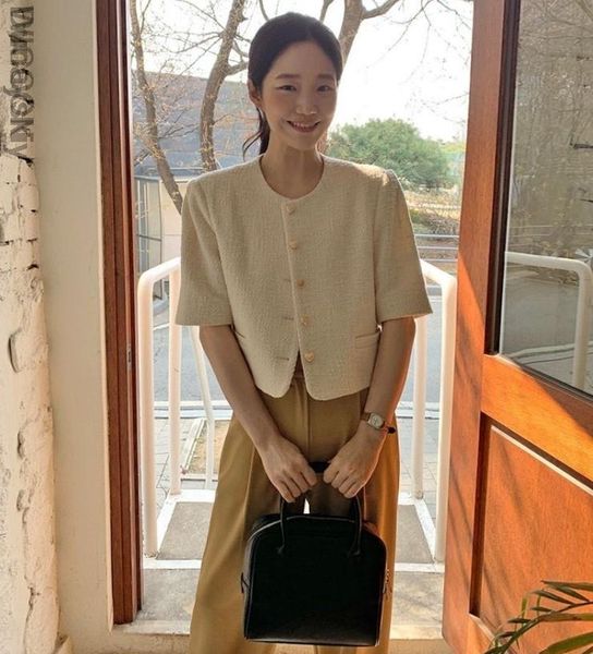 

women's jackets women jacket 2021 summer korean chic ladies gentle round neck love buttons loose casual short-sleeved tweed, Black;brown