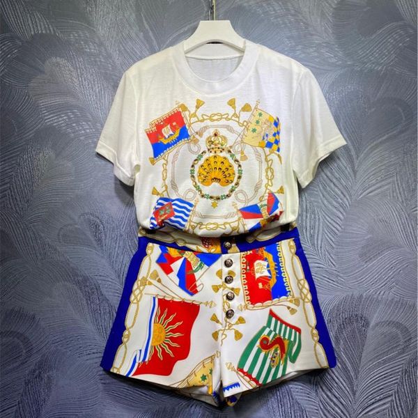 

women's tracksuits summer 2021 runways fashion leisure suit beading t-shirt+floral print shorts 2piece set a865, Gray