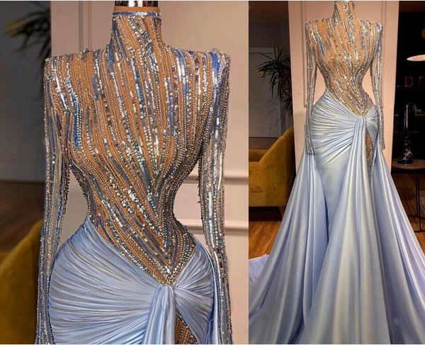 Abito da sera abito da donna Yousef aljasmi Manica lunga Collo alto Zuhair murad Myriam fares Paillettes blu Piega Guaina in raso a sirena kim kardashian Kylie jenner