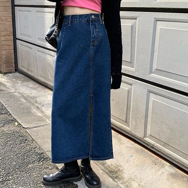 

autumn chic fashion versatile casual side slit high waist slim skirt 2021 women medium length denim a-line skirts, Black