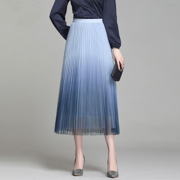 

skirts skirts spring sweet retro gradient color a-line pleated maxi long mesh blue pink cgky, Black