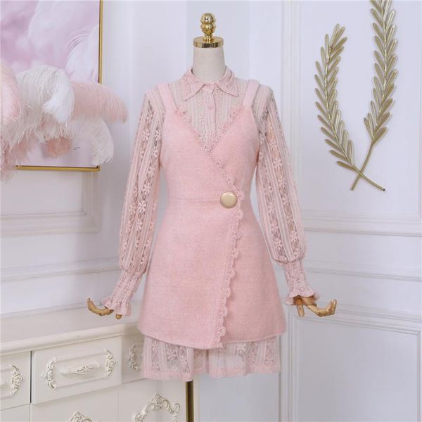 

two piece dress 2021 bubble sleeve lapel lace flower + suspender v-neck high waist woolen two-piece suit women, White