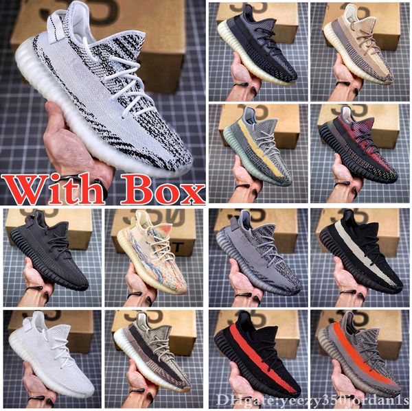 

with box kanye men women running shoes ash blue asrie cinder tail light white black static reflective zebra israfil oreo linen sport sneaker