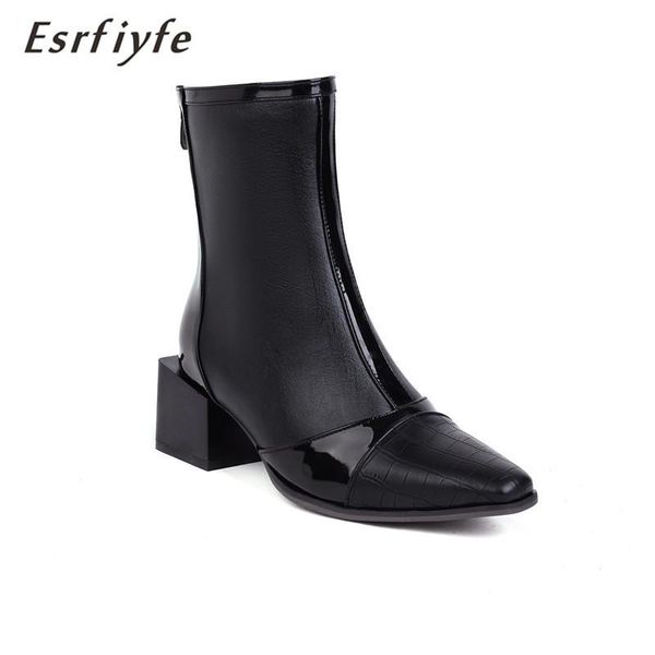

boots esrfiyfe 2021 autumn winter ankle square toe thick heels splicing pu leather back zipper shoes woman mature concise, Black