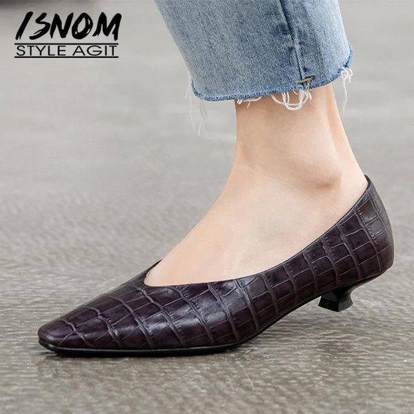 

dress shoes isnom kitten heels women pumps square toe shallow female low heel genuine leather embossing woman casual spring, Black