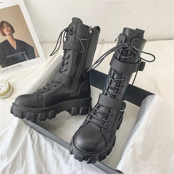 Sapatos de Rocha Mulher Boot Lace Up Botinhas Senhoras Redonda Toe Designer Luxo Salto Flat Lolita Med Fashion Sports 211022
