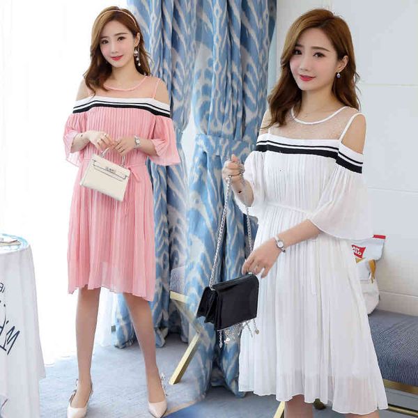 

dresses 9906# summer chiffon patchwork maternity dress sweet shoulder off large size loose clothes for pregnant women lovely pregnancy, Black;gray