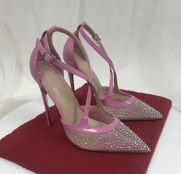 

dress shoes dolly pink cross strap rhinestine mesh pumps woman thin high heels pointed toe patent leather patchwork crystal party, Black