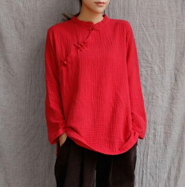 

women's t-shirt 2021 spring cotton linen dress national style coil buckle stand collar long sleeve bottomed, White