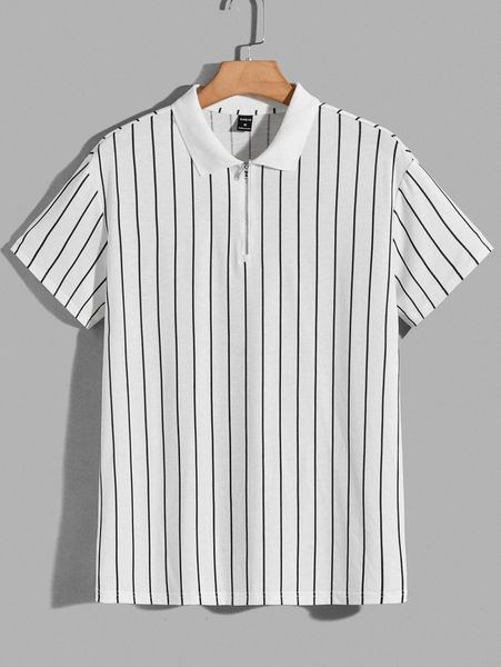 

men zipper half placket striped polo shirt s3t9#, White;black
