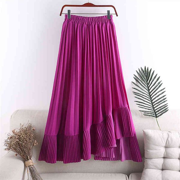 

spring summer women irregular skirt vintage high waist big swing faldas saia korean green/black/khaki pleated skirts for female 210426