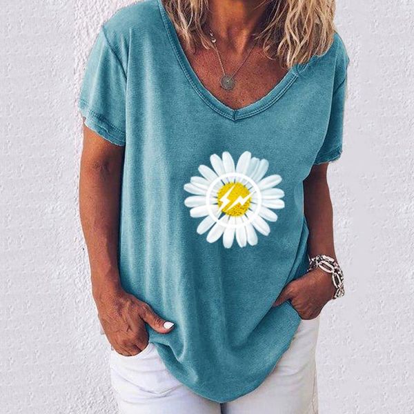 

women's t-shirt 2021 summer flash chrysanthemum v-neck short sleeve for women, White