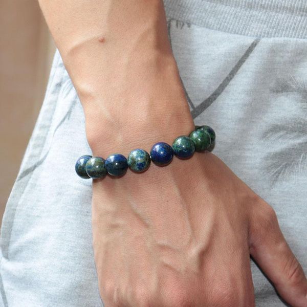 

beaded, strands 100% natural peacock lapis lazuli stone bracelet minimalist 12mm big beads braclet handmade elastic yoga men strand braslet, Black