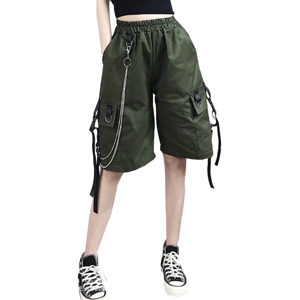 

summer women cargo shorts female loose straight casual short pants fashion elastic waist handsome chain knee length, White;black