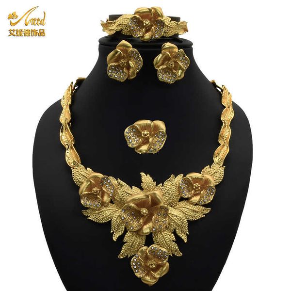 Conjunto de jóias conjuntos de colar indiano para jóias de casamento das mulheres anéis nupciais braceletes bracelete Dubai flor etíope ouro H1022