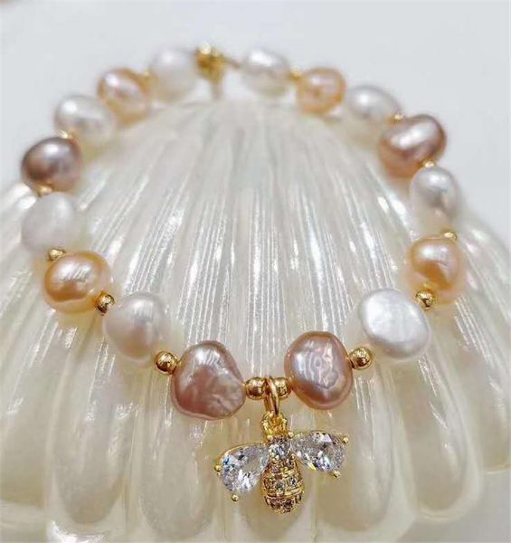

beaded, strands habitoo natural 8-9mm multicolor freshwater cultured pearl gold bead bracelet bee pendant bangle adjustable fashion jewelry, Black