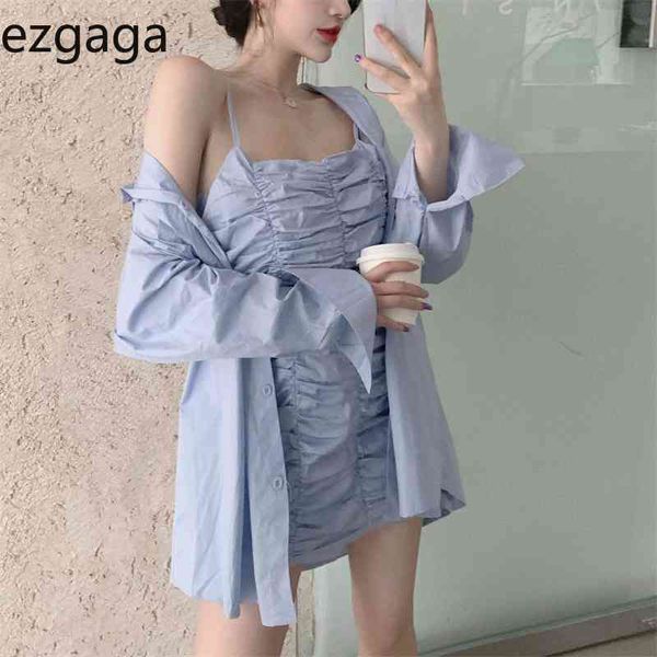 Ezgaga Set a due pezzi Donna Coreano con volant Spaghetti Strap Abito sexy aderente Solid Camicie tutto-fiammifero Moda Top Streetwear 210430