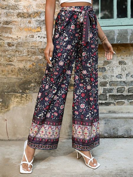 

allover floral print belted wide leg pants 687b#, Black;white