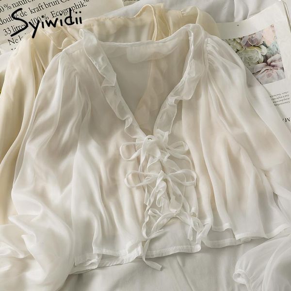 

women's blouses & shirts syiwidii chiffon women summer 2021 ruffles v-neck long puff sleeve casual loose open stitch lace up, White
