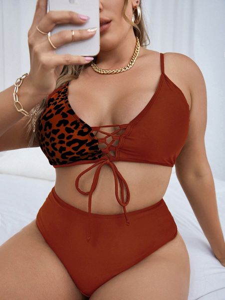 

plus leopard lace up bikini swimsuit y0yk#, Black