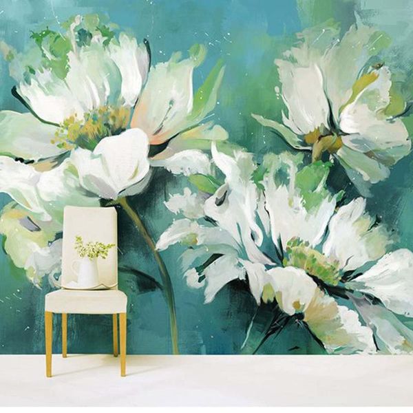 Wallpapers 3d mão abstrata pintura a óleo papel de parede parede mural de flores de lótus arte delicada murais po personalizar