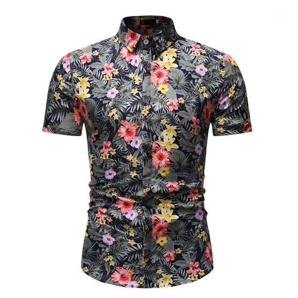 

fashion slim summer short sleeve shirt men 2021 business casual hawaiian leaf flowers print shirts male boho beach men's, White;black
