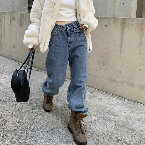 

women's pants & capris mosimolly spring summer washed jeans denim women crossed wasit vintage long casual 4sk2, Black;white