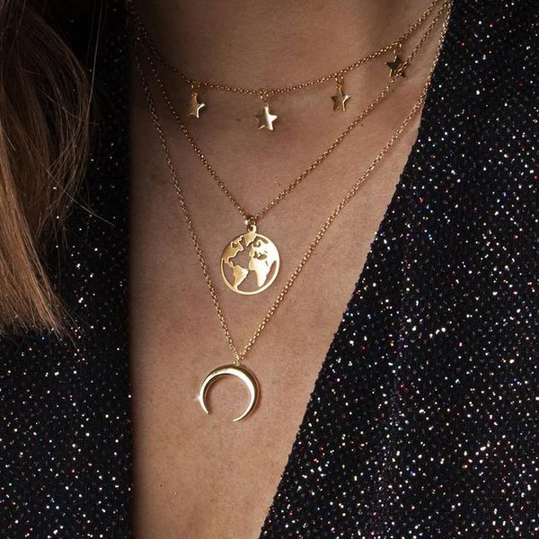 

pendant necklaces ashion multiple layers neacklace 2021 pentagram moon crescent alloy multilayer combination necklace, Silver