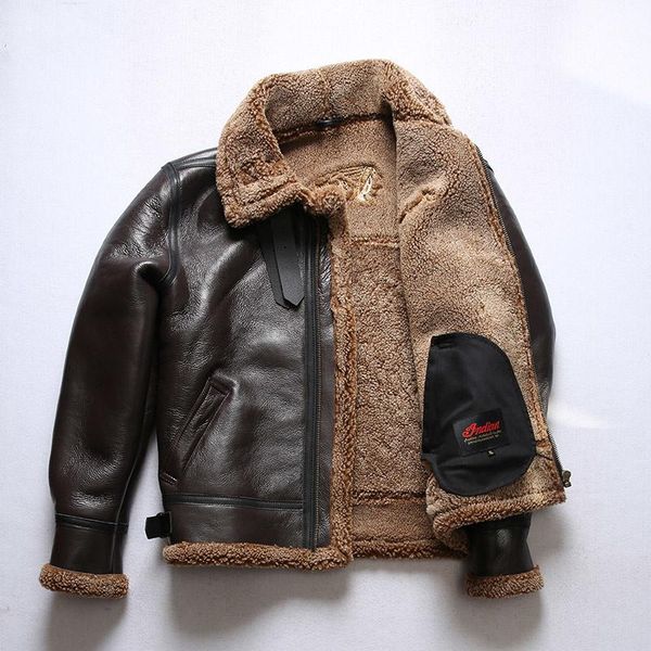 

men's jackets us ibb3 european size super warm genuine sheep leather coat mens big b3 shearling bomber military fur jacket, Black;brown