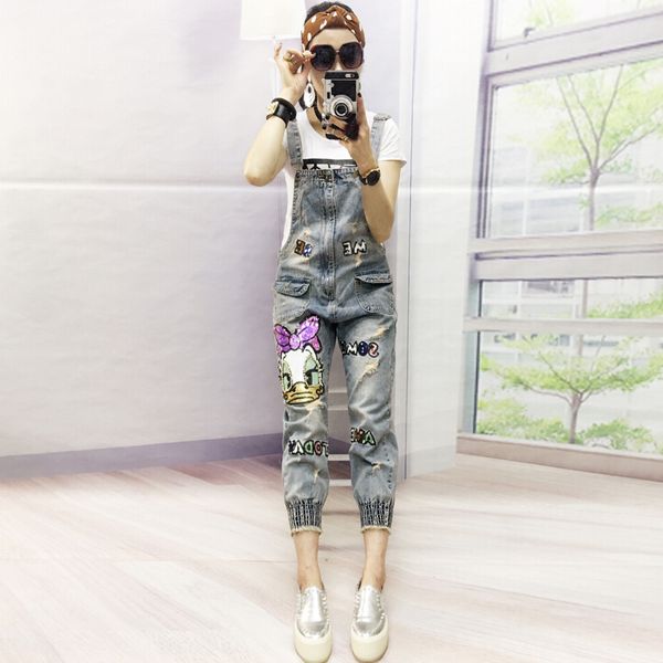 

d 0686 ... european spring new heavy european goods sequins donald nine points suspenders braces jeans female tide, Blue