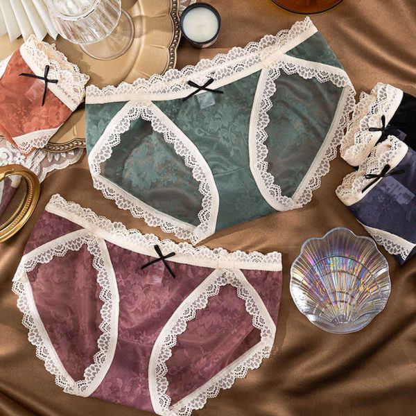

panties lace french underwear cotton mid waist breathable translucent mesh women's briefs, Black;pink