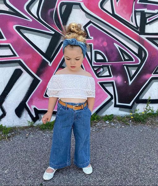 

kids clothing sets girls outfits baby clothes children suits summer children's wear lace denim trousers 2pcs b7596, White